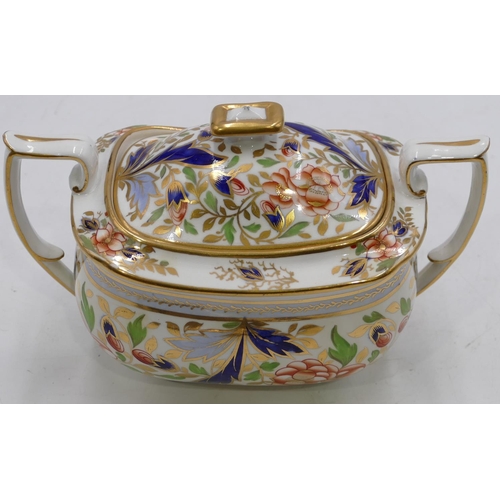 148 - A 19th Century Spode style rectangular bulbous shaped lidded sugar bowl on white ground with multico... 