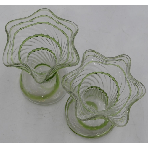 150 - A pair of round glass trumpet shaped vases with crinkled rim, raised green twist decoration on round... 