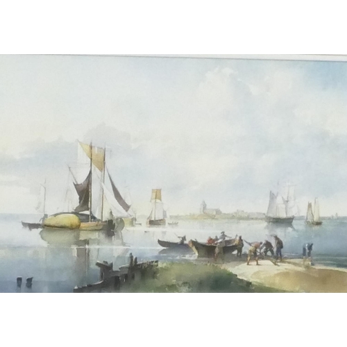 162 - Peter J Ashmore marine watercolour depicting figures on shore, rowing boat, sailing boats in the dis... 