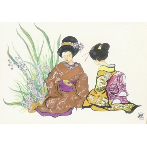 170 - An Oriental watercolour depicting 2 seated ladies, in gilt frame, 24 x 33.5cm.