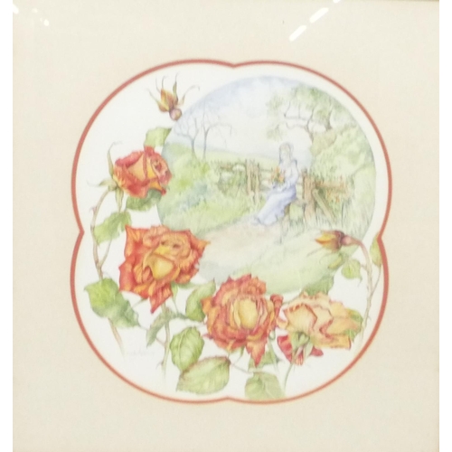 173 - Carole Andrews scallop shaped watercolour depicting lady seated on stile and surrounded by roses, si... 