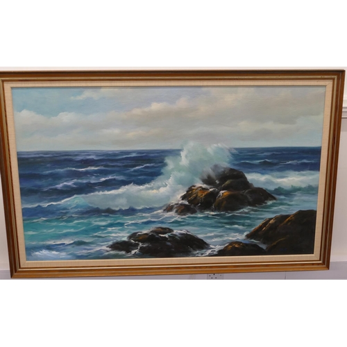 183 - Gonet, large marine oil on canvas depicting waves breaking against rocks, signed, in hessian and pin... 