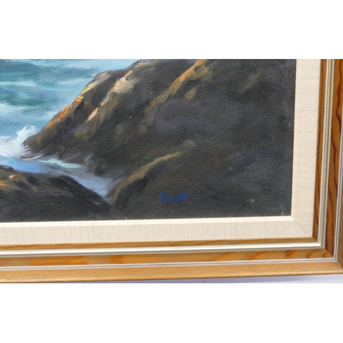 183 - Gonet, large marine oil on canvas depicting waves breaking against rocks, signed, in hessian and pin... 