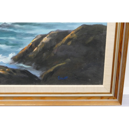 183 - Gonet, large marine oil on canvas depicting waves breaking against rocks, signed, in hessian and pin... 