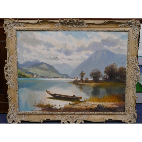 190 - A Continental oil on canvas alpine scene depicting river landscape with town on opposite bank and mo... 