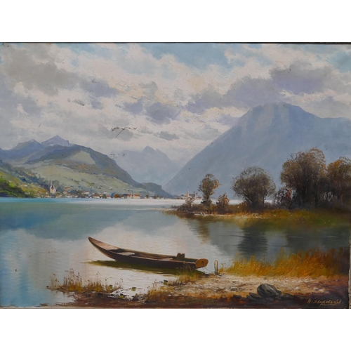 190 - A Continental oil on canvas alpine scene depicting river landscape with town on opposite bank and mo... 