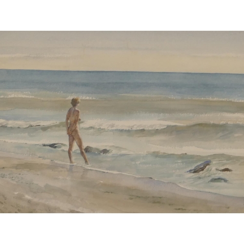 195 - W May watercolour depicting female nude paddling in the sea, signed and dated '84, in white frame, 2... 