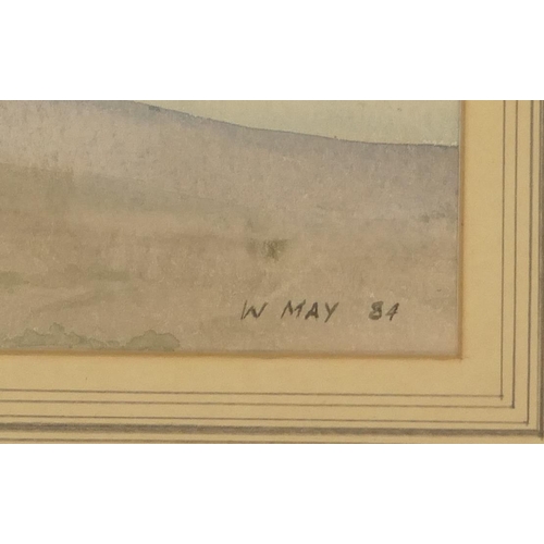 195 - W May watercolour depicting female nude paddling in the sea, signed and dated '84, in white frame, 2... 