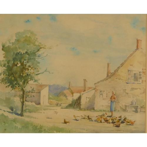 196 - A Norton watercolour of lady feeding chickens in farm yard, signed, in gilt frame, 24.5 x 29cm.