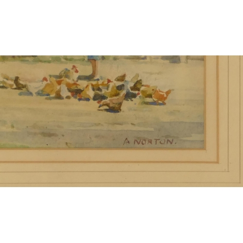 196 - A Norton watercolour of lady feeding chickens in farm yard, signed, in gilt frame, 24.5 x 29cm.