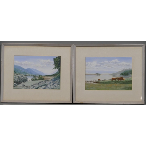 198 - Harrison pair of watercolours and gouache depicting highland cattle on waters edge and loch with hil... 