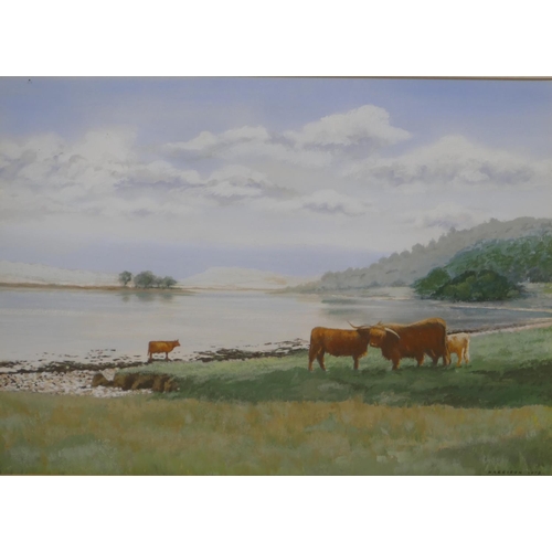 198 - Harrison pair of watercolours and gouache depicting highland cattle on waters edge and loch with hil... 