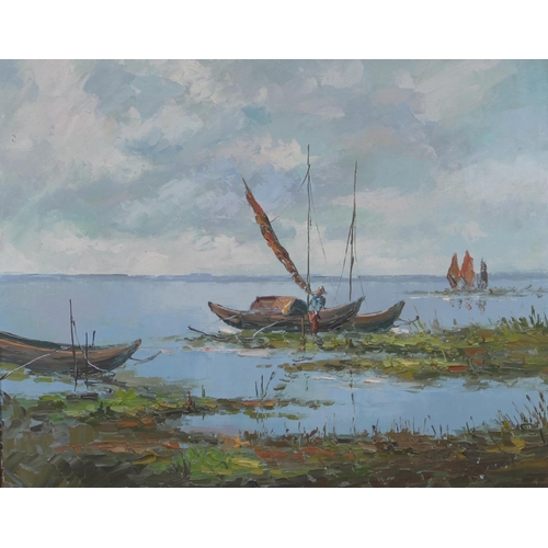 199 - An oil on canvas, Eastern view of a figure on waters edge with boats, indistinctly signed, in mahoga... 