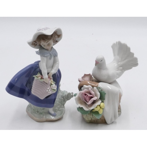 20 - A Lladro figure of a young girl holding an encrusted basket of flowers, 18cm high and china group of... 
