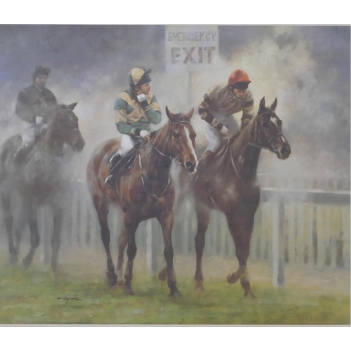 208 - Graham Isom signed limited edition coloured racing print, signed in pencil and no.46/350, framed, 54... 