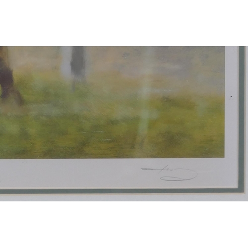 208 - Graham Isom signed limited edition coloured racing print, signed in pencil and no.46/350, framed, 54... 