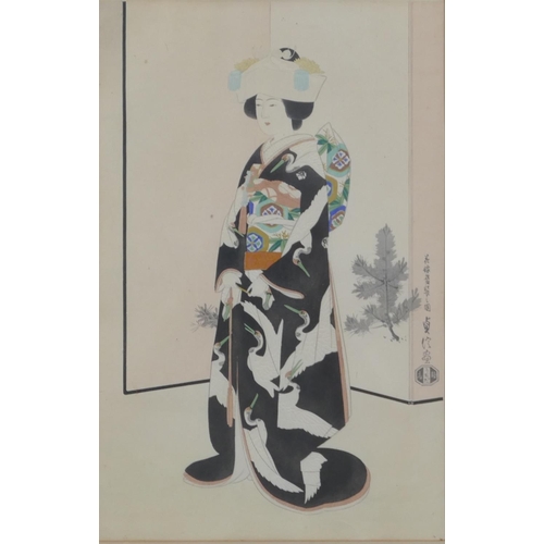 211 - An Oriental coloured woodblock print, portrait of a lady, framed, 37 x 24cm.