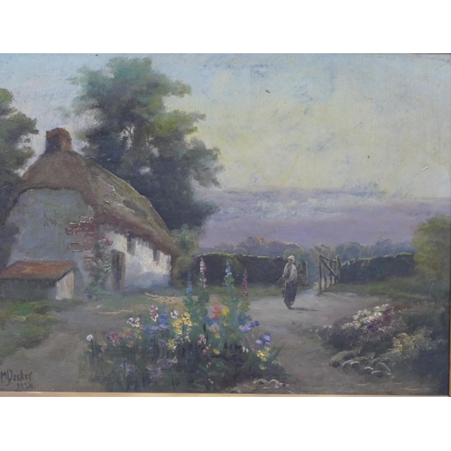 214 - JM Ducker oil on board of a lady standing in floral garden next to thatched cottage, signed, dated 1... 