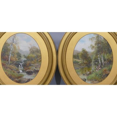 215 - Robert John Hammond (1853-1911) pair of oval watercolour and gouache depicting young girls and woodl... 