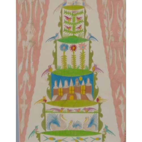 218 - Scottie Wilson pen, ink and watercolour depicting 5 tier cake with allover bird, floral and fish dec... 