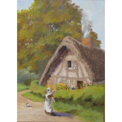 222 - After Sheree Valentine Daines, 2 ladies on country road outside thatched cottage, unsigned in gilt f... 