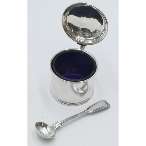 233 - A Birmingham silver plain mustard pot with hinged lid enclosing blue glass liner and a Victorian Lon... 