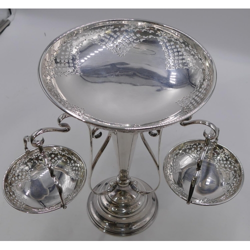 238 - A silver plated centre comport with round detachable pierced bowl, surrounded by 3 smaller pierced r... 