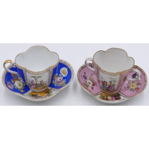 25 - A Dresden scallop shaped 2-handled cup with saucer on white and pink ground and multi-coloured figur... 