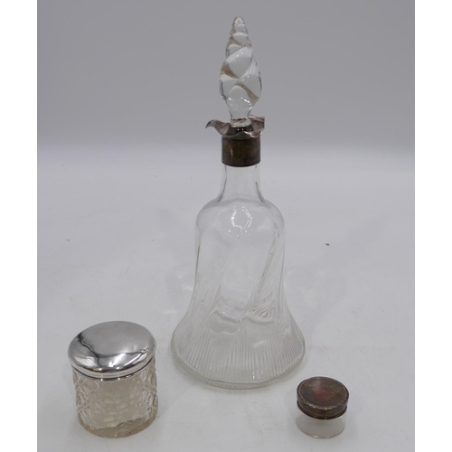 257 - A plain glass round bulbous thin necked decanter with stopper and Birmingham silver neck (crack unde... 