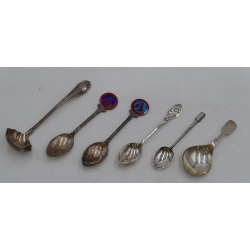 259 - A Sheffield silver caddy spoon with engraved handle, a sterling silver small ladle, pair of Birmingh... 