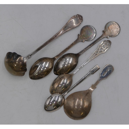 259 - A Sheffield silver caddy spoon with engraved handle, a sterling silver small ladle, pair of Birmingh... 