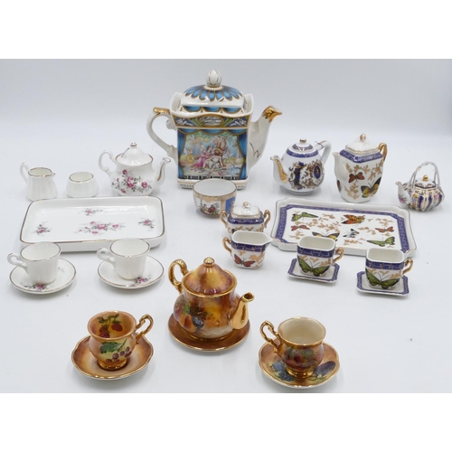 27 - 3 miniature China tea services, teapots, coffee pots, trays, cups, saucers etc and a larger Sadler 