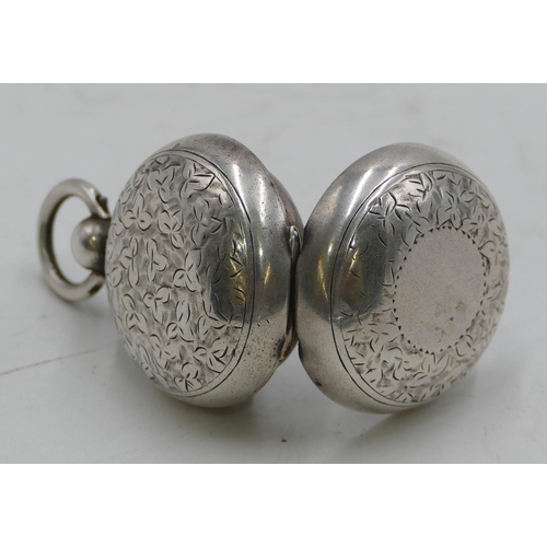 280 - A Victorian Birmingham silver round bulbous shaped sovereign case with hinged front and engraved dec... 