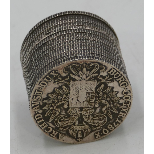 286 - A cylindrical container with a screw lid, mounted with 18th Century coin to lid and base, 2.6cm high