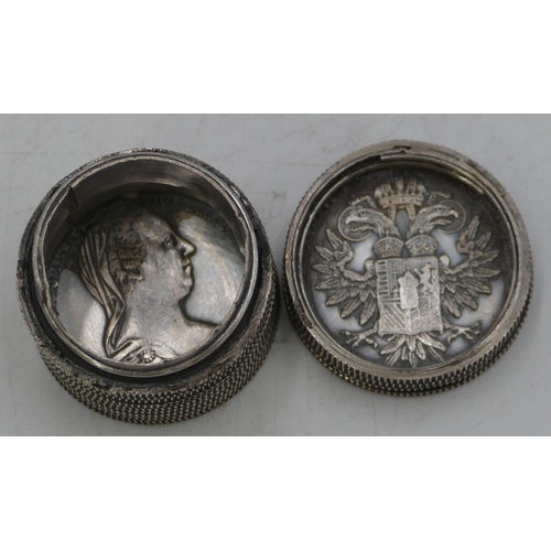 286 - A cylindrical container with a screw lid, mounted with 18th Century coin to lid and base, 2.6cm high