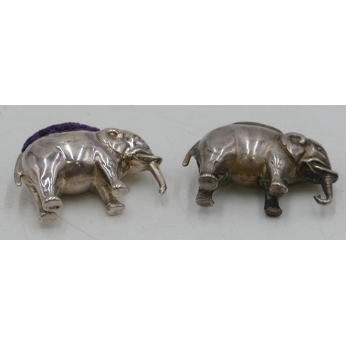 289 - Two Edward VII small silver pin cushions in the form of elephants, Birmingham 1909 (2)