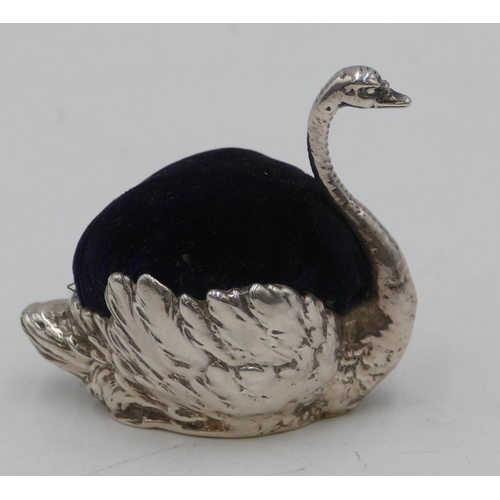 296 - A late Victorian exported silver pin cushion in the form of a swan, London 1896, 6cm high