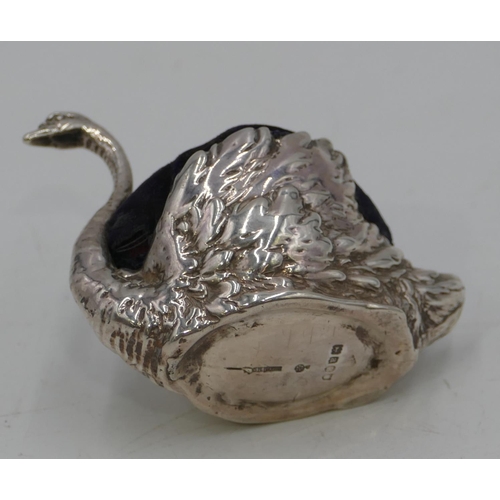 296 - A late Victorian exported silver pin cushion in the form of a swan, London 1896, 6cm high