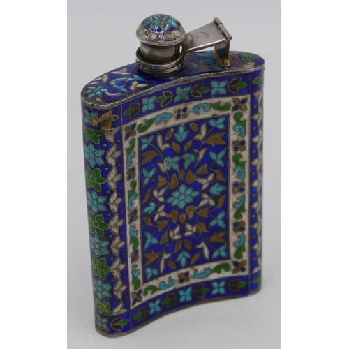 297 - A 925 silver and enamel concaved shaped hip flask on blue ground with multicoloured floral and leaf ... 