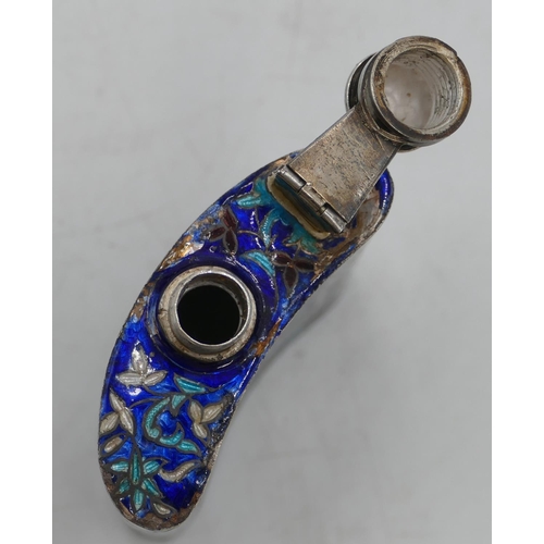 297 - A 925 silver and enamel concaved shaped hip flask on blue ground with multicoloured floral and leaf ... 