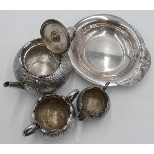 302 - A silver plated round bulbous shaped batchelor's tea service after Dresser, teapot, milk jug and 2-h... 