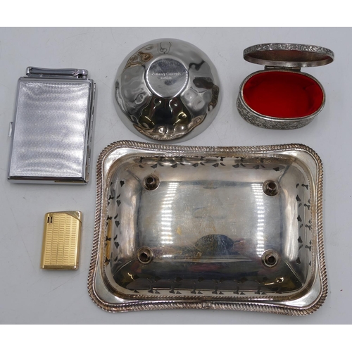 303 - A silver plated sugar bowl in form of a coal box with shovel, a plated round butter dish with hinged... 