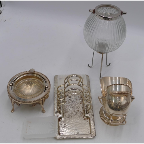 303 - A silver plated sugar bowl in form of a coal box with shovel, a plated round butter dish with hinged... 