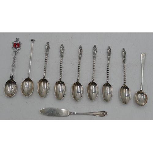 310 - A set of 6 Victorian Sheffield silver apostle teaspoons with twist stems and 3 other silver spoons a... 