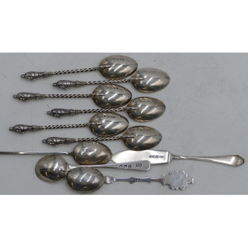 310 - A set of 6 Victorian Sheffield silver apostle teaspoons with twist stems and 3 other silver spoons a... 