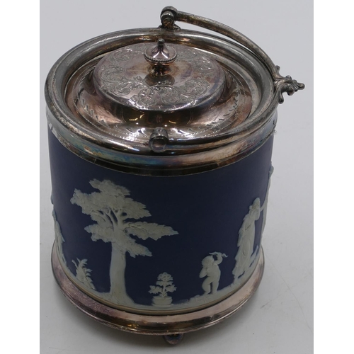 314 - Wedgwood Jasperware and silver plated cylindrical biscuit barrel with swing overhead handle, a raise... 