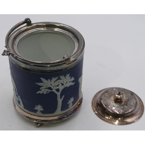 314 - Wedgwood Jasperware and silver plated cylindrical biscuit barrel with swing overhead handle, a raise... 