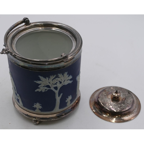 314 - Wedgwood Jasperware and silver plated cylindrical biscuit barrel with swing overhead handle, a raise... 