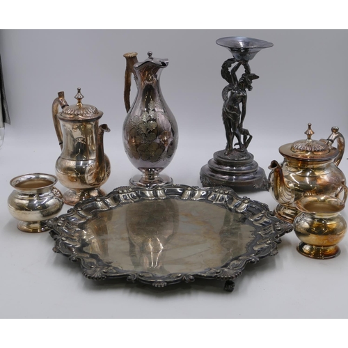 316 - A Britannia metal comport stand (no glass dish) with figure support on round sweeping base and splay... 