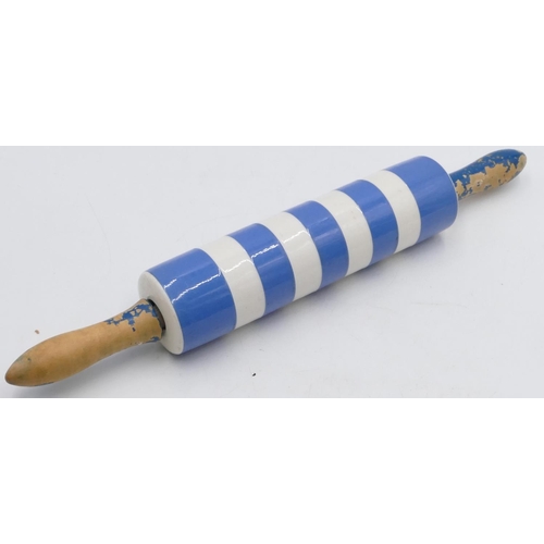 33 - TG Green & Co Ltd wooden handled blue and white rolling pin, 46.5cm long.